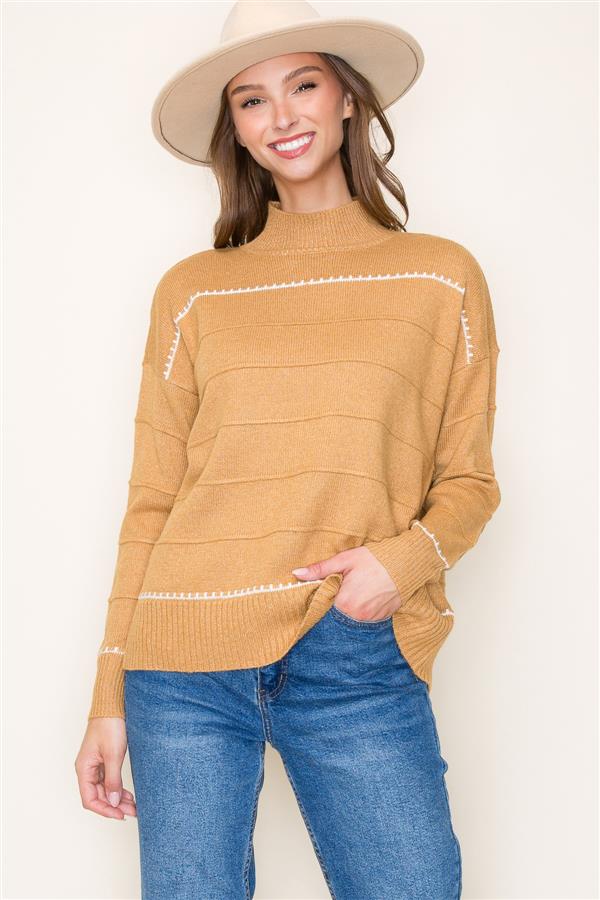 Pintucked Striped Mock Neck Sweater