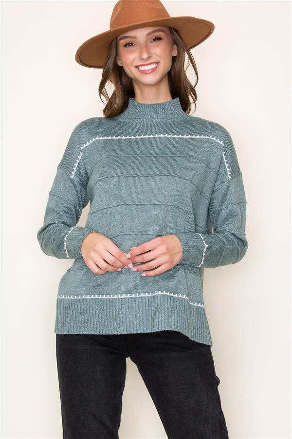 Pintucked Striped Mock Neck Sweater