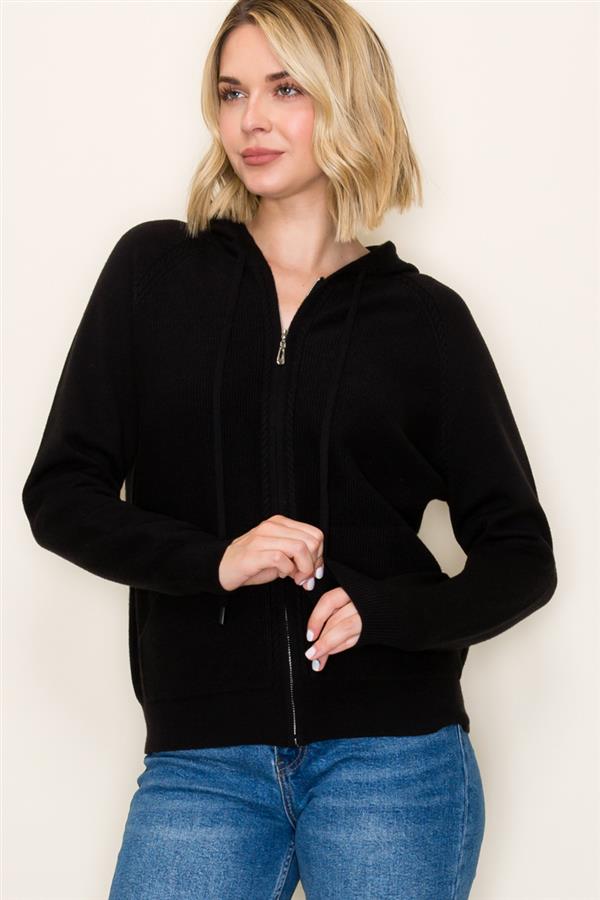 Black Knit Zip-Up Hoodie