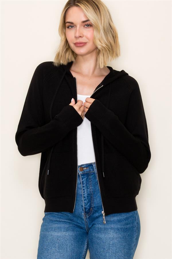 Black Knit Zip-Up Hoodie