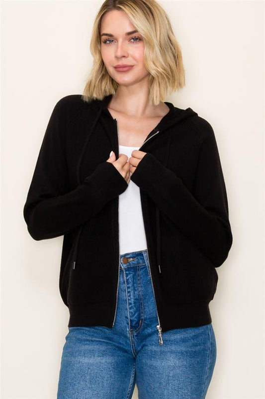 Black Knit Zip-Up Hoodie