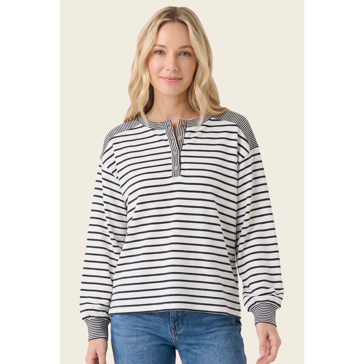 Button Crew Neck Striped Top