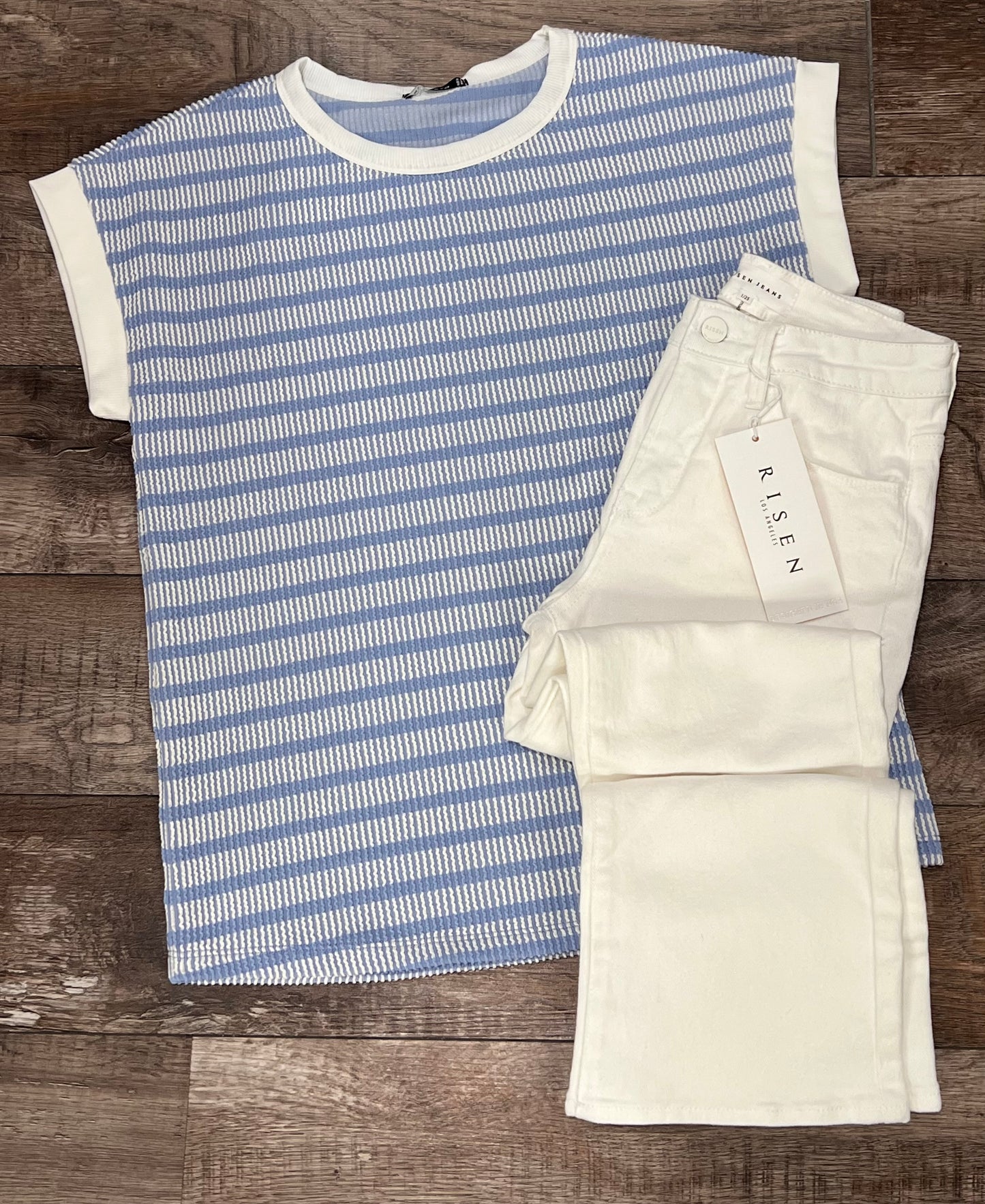 Blue Striped Cuffed-Sleeve Top