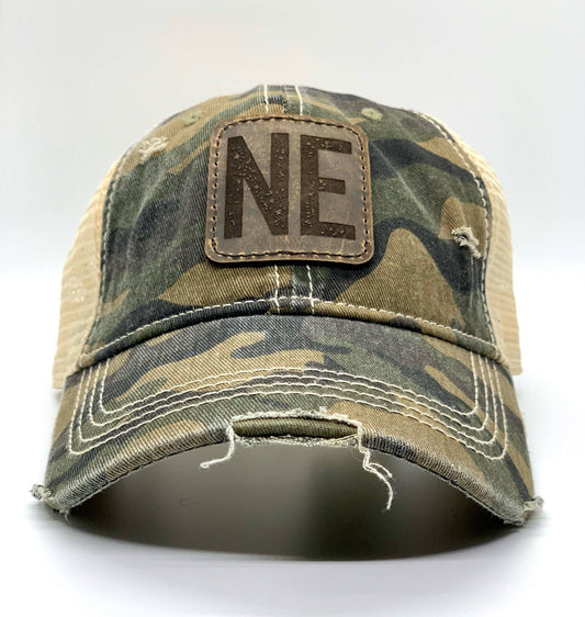 Camo Leather Patch Ponytail Hat with State Abbreviation: Olive Camo / Nebraska