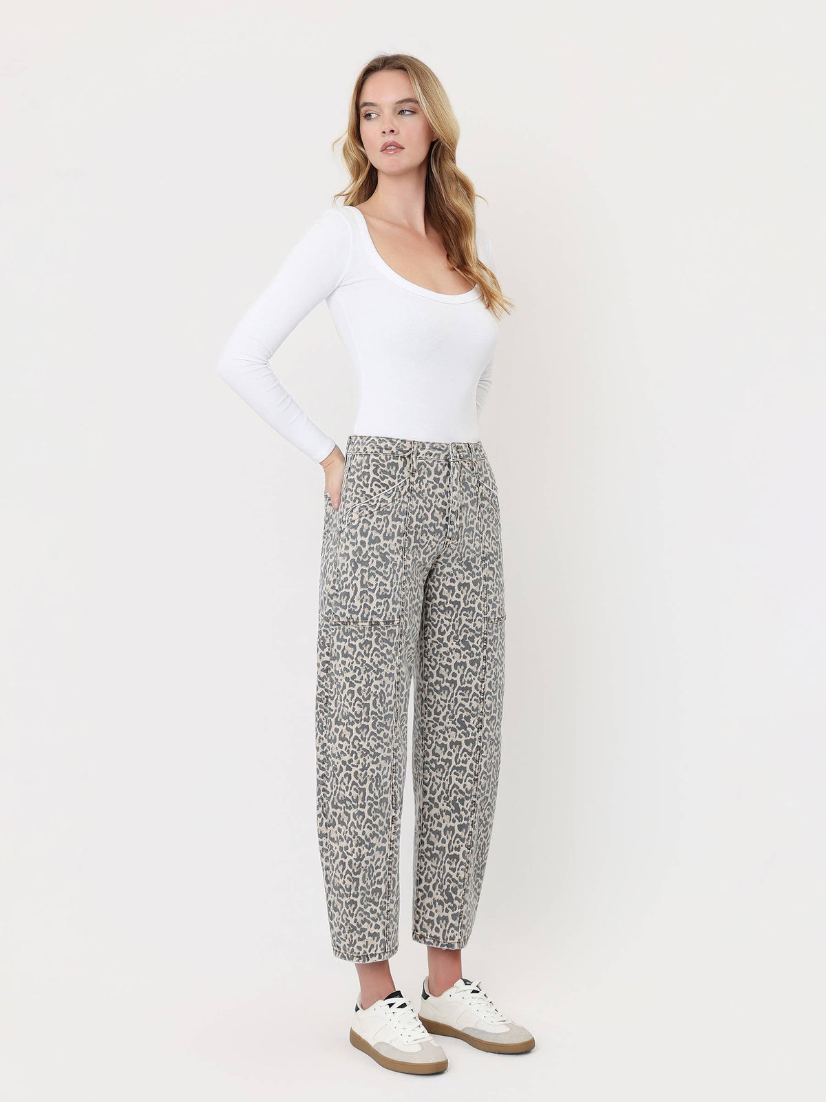 Vervet High Rise Leopard Print Utility Barrel Jeans