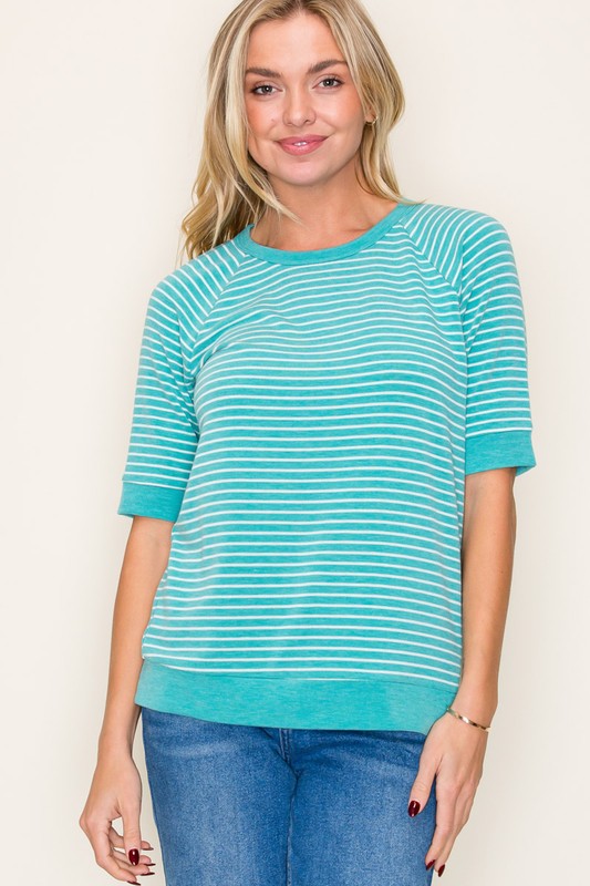 Aqua Striped Short-Sleeve Sweatshirt