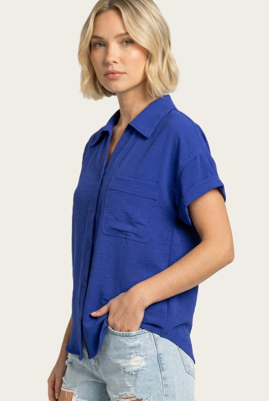 Cobalt Breeze Relaxed Button-Up Blouse