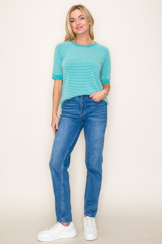 Aqua Striped Short-Sleeve Sweatshirt