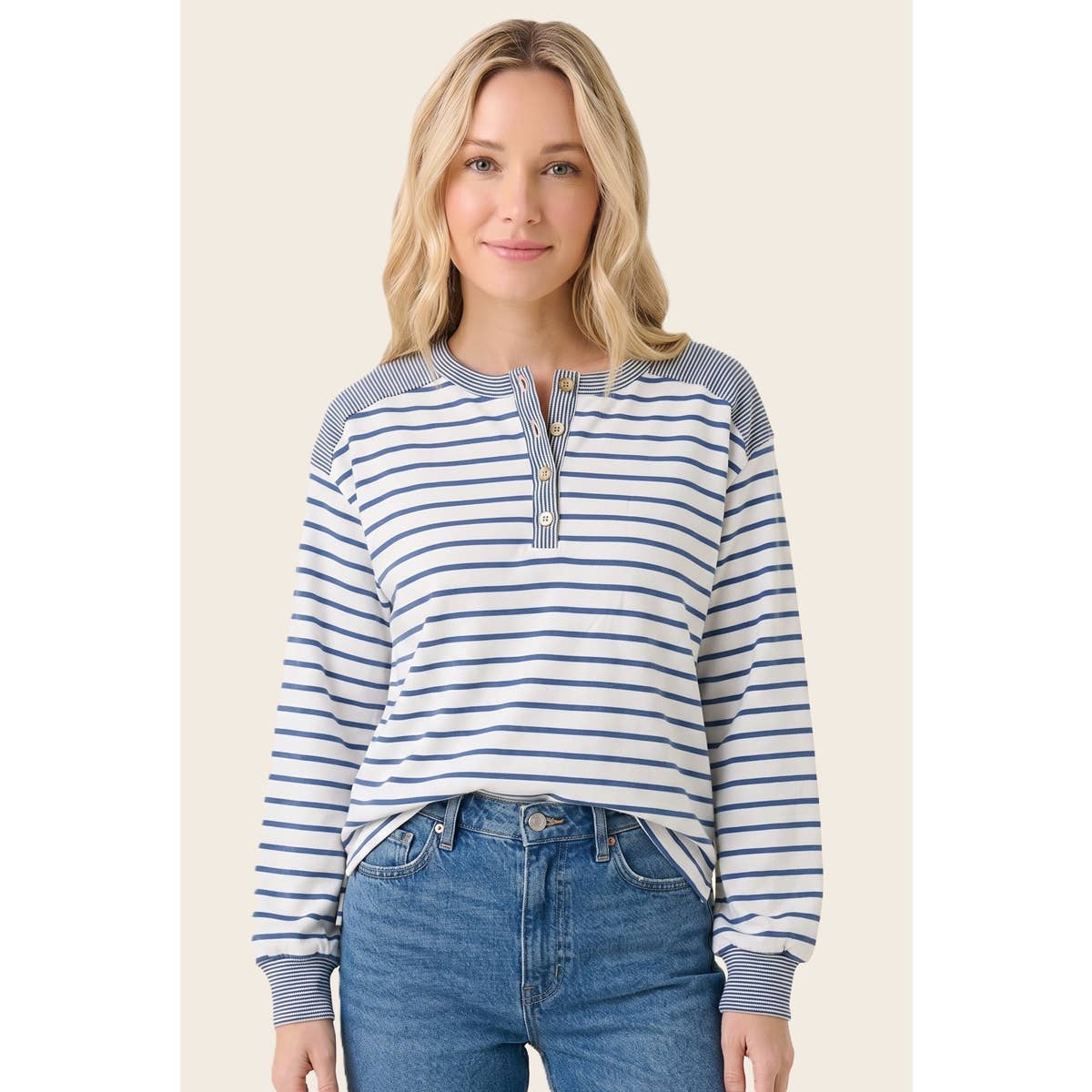 Button Crew Neck Striped Top