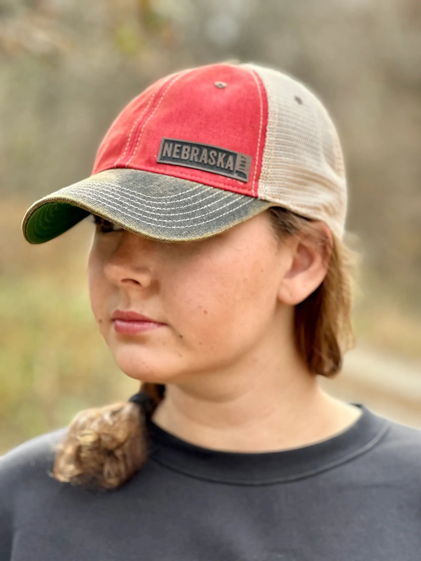 Leather Rectangle State Hat: Red/Black/Khaki