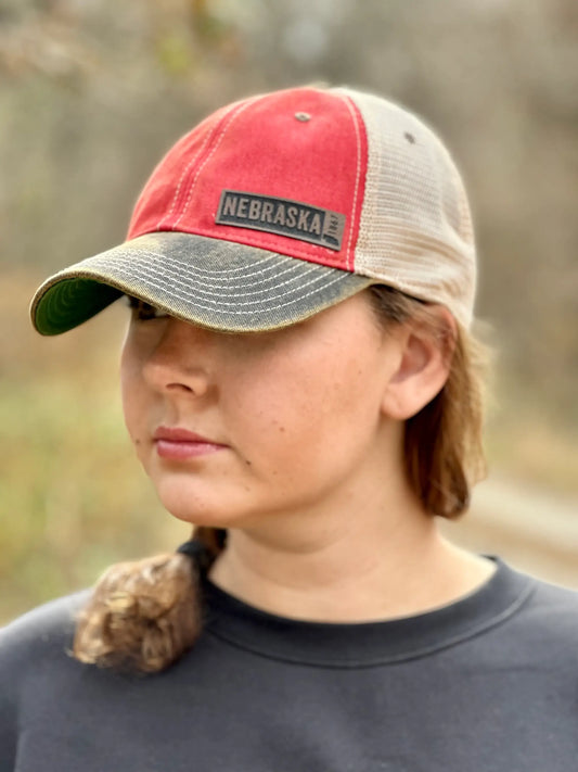 Leather Rectangle State Hat: Red/Black/Khaki