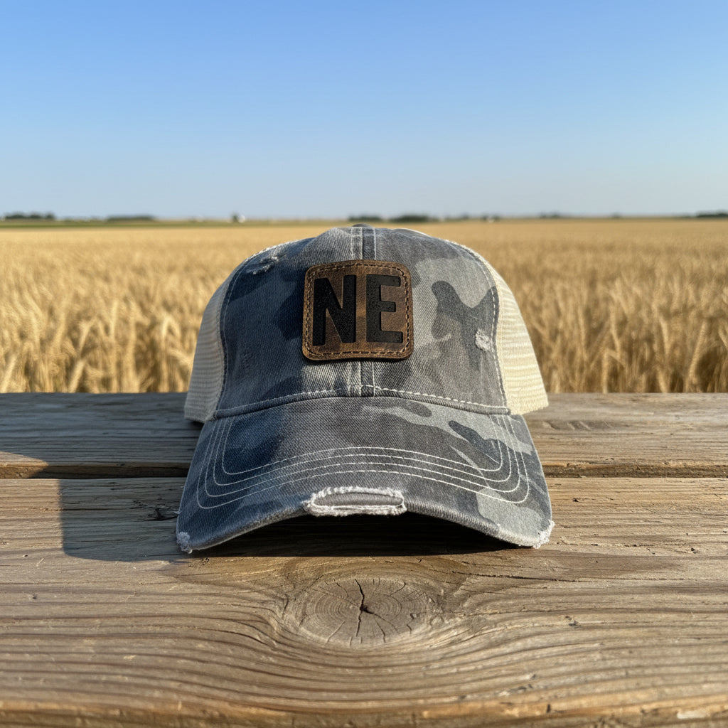 Camo Leather Patch Ponytail Hat with State Abbreviation: Grey Camo / Nebraska