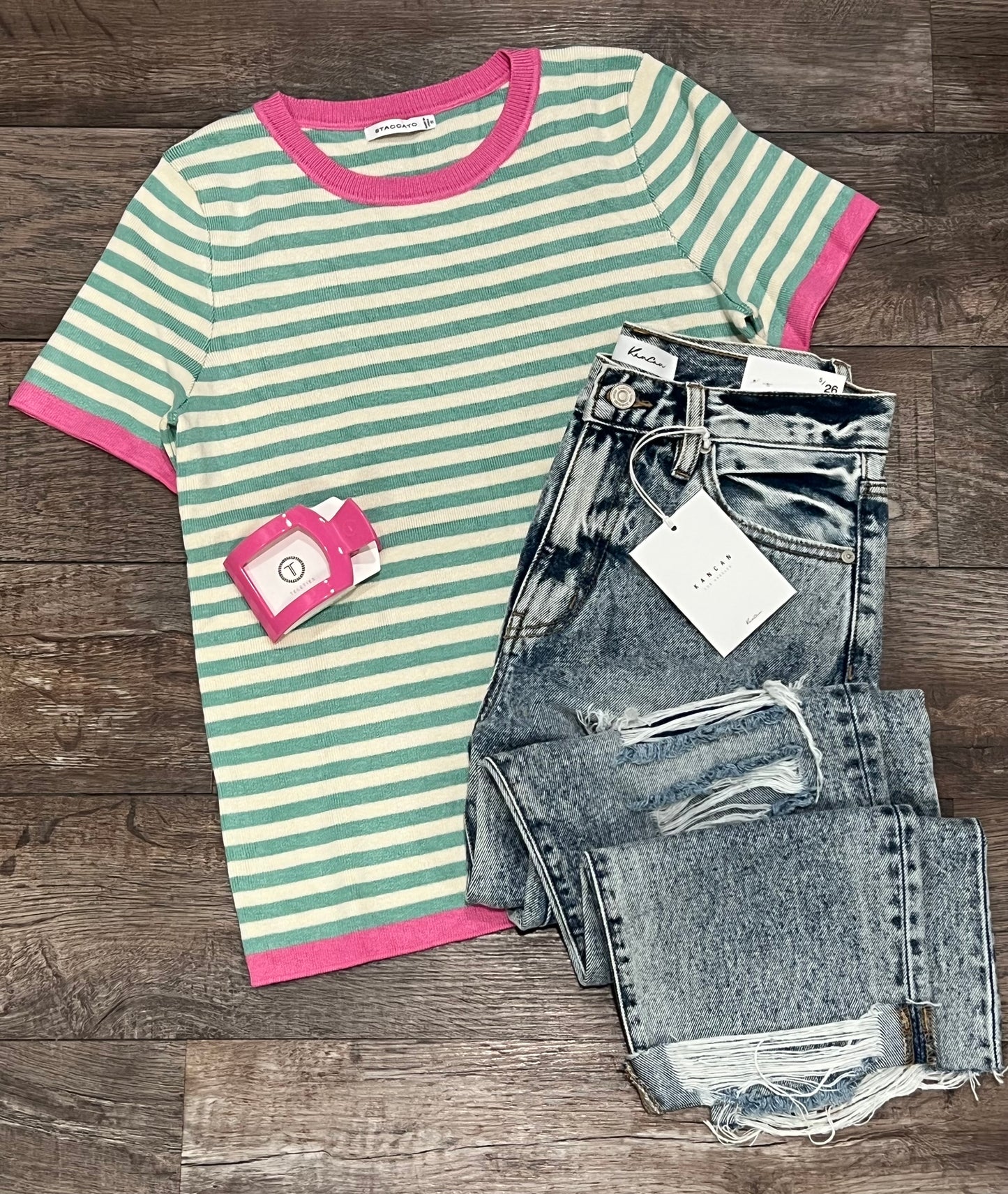 Mint Striped Top with Pink Trim