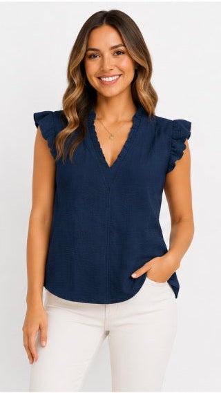 Navy Ruffle Sleeve Blouse