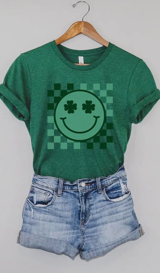 Checkered Clover Smiley St Pats T-Shirt