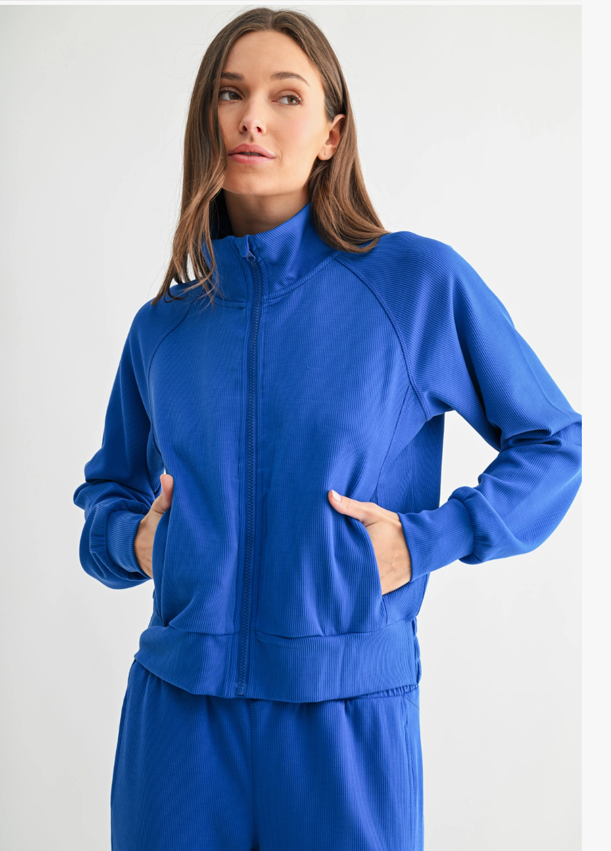 MONO B Luxe Sand Wash Rib Zip Jacket – Electric Blue