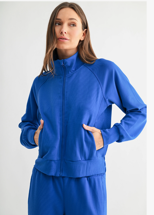 MONO B Luxe Sand Wash Rib Zip Jacket – Electric Blue