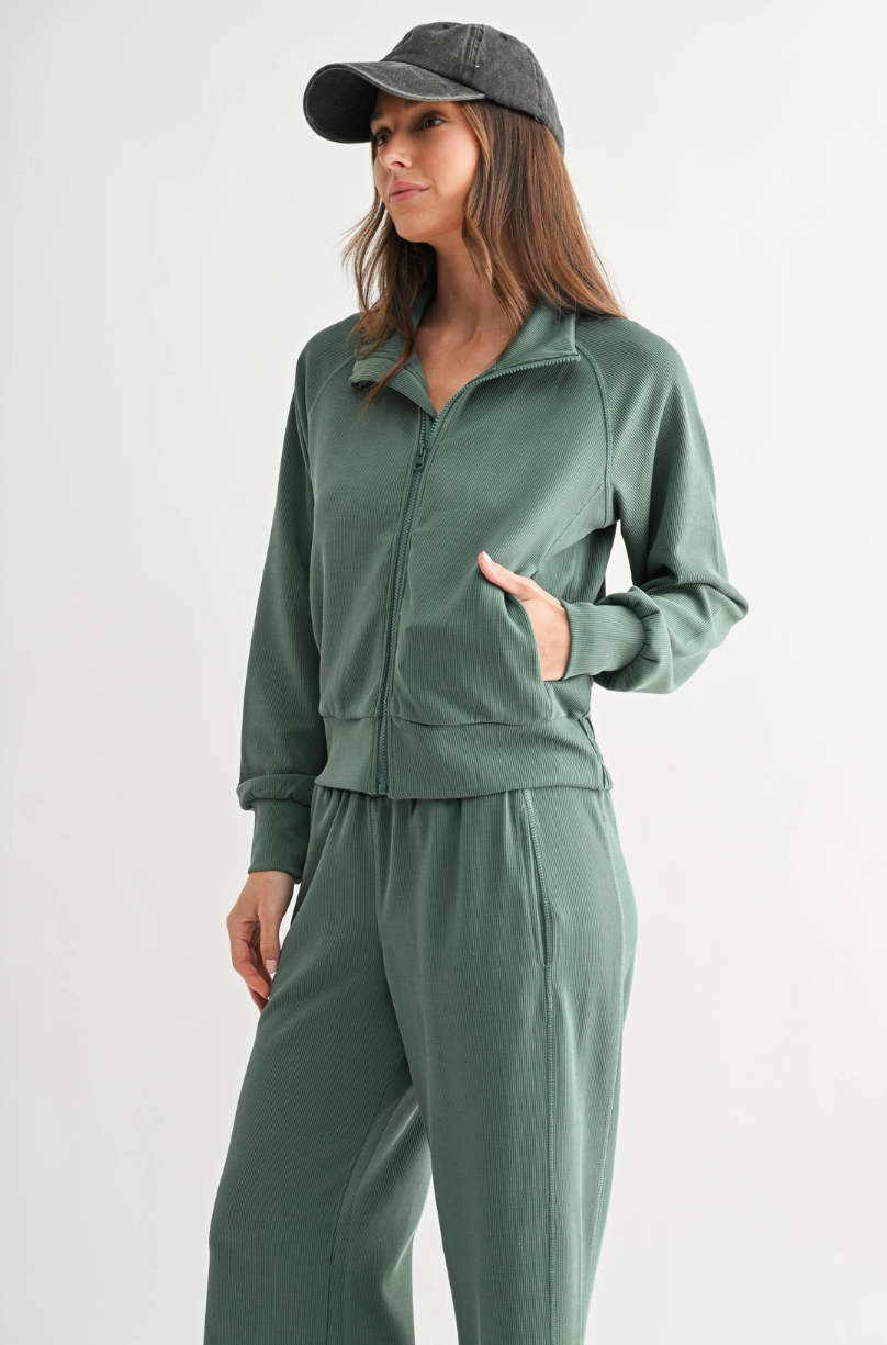 MONO B Luxe Sand Wash Rib Zip Jacket – Sage Green