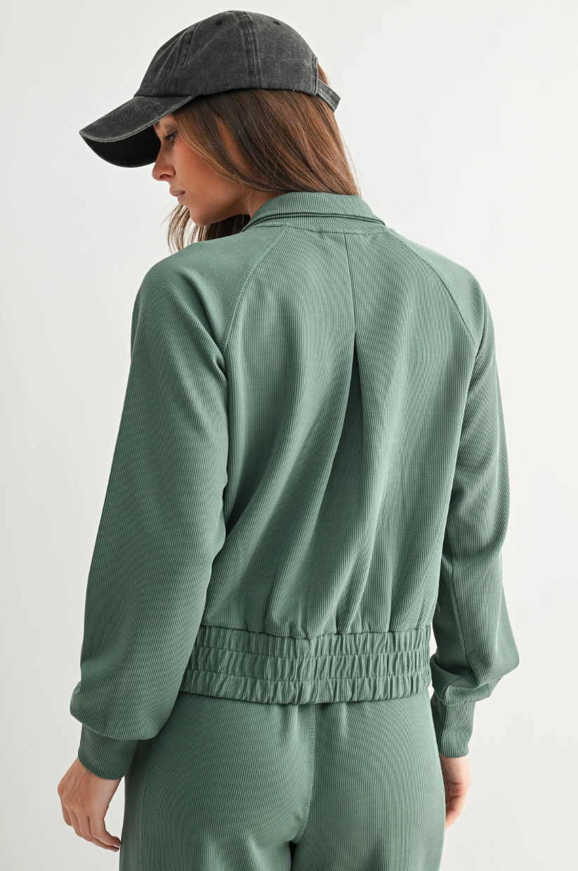 MONO B Luxe Sand Wash Rib Zip Jacket – Sage Green