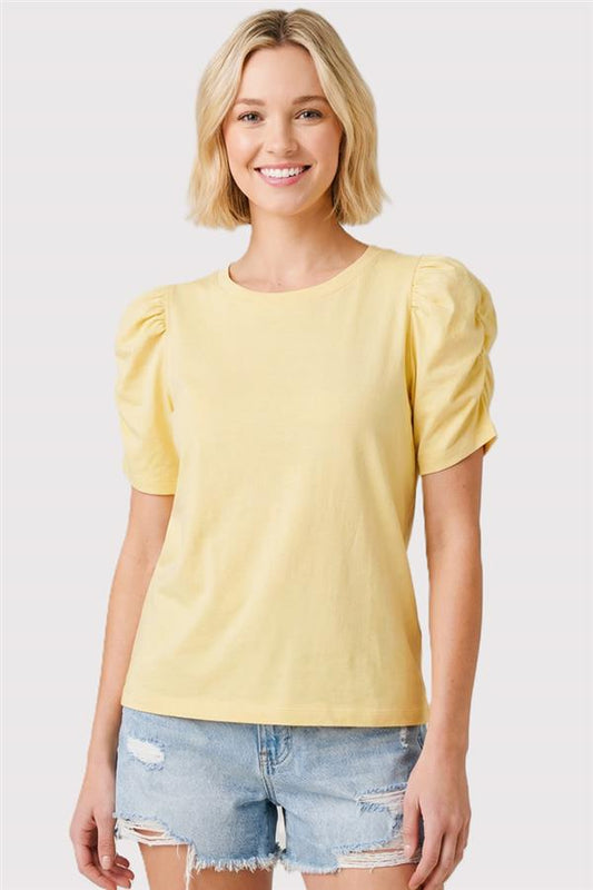 Yellow Puff Sleeve Cotton Crew Neck Top