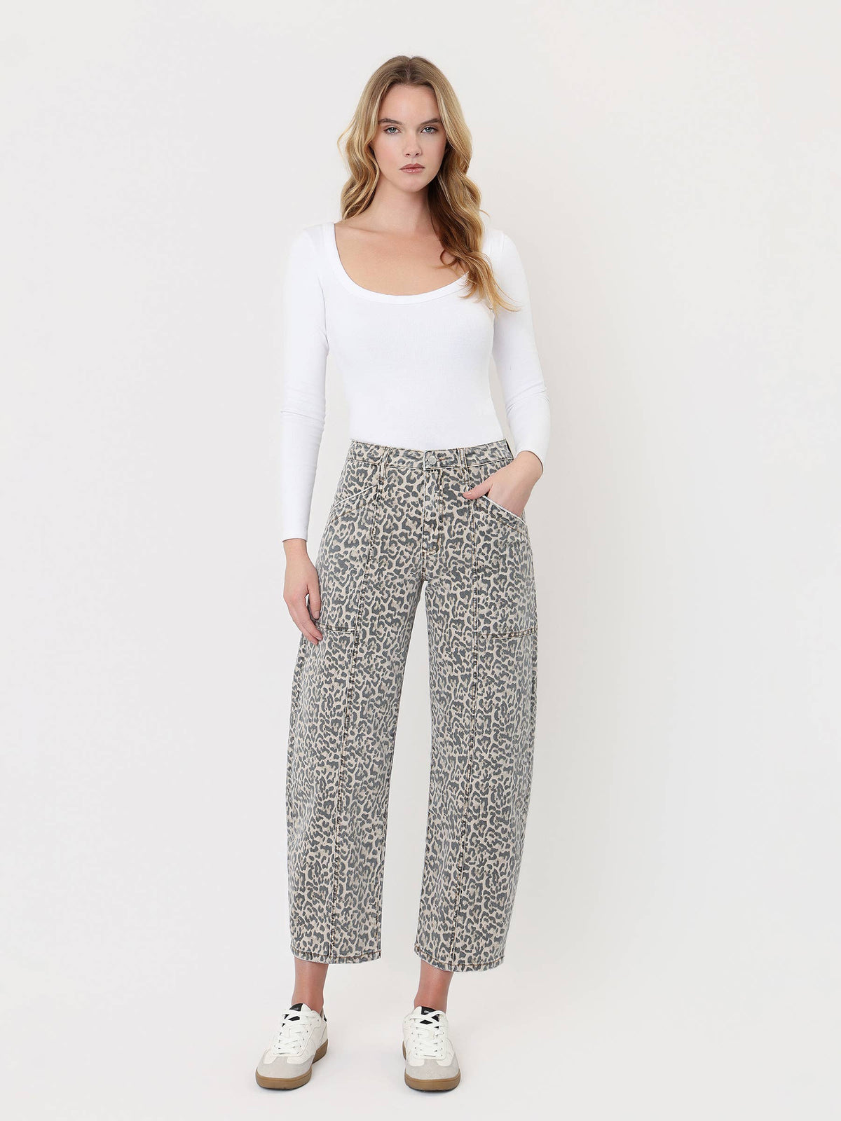 Vervet High Rise Leopard Print Utility Barrel Jeans