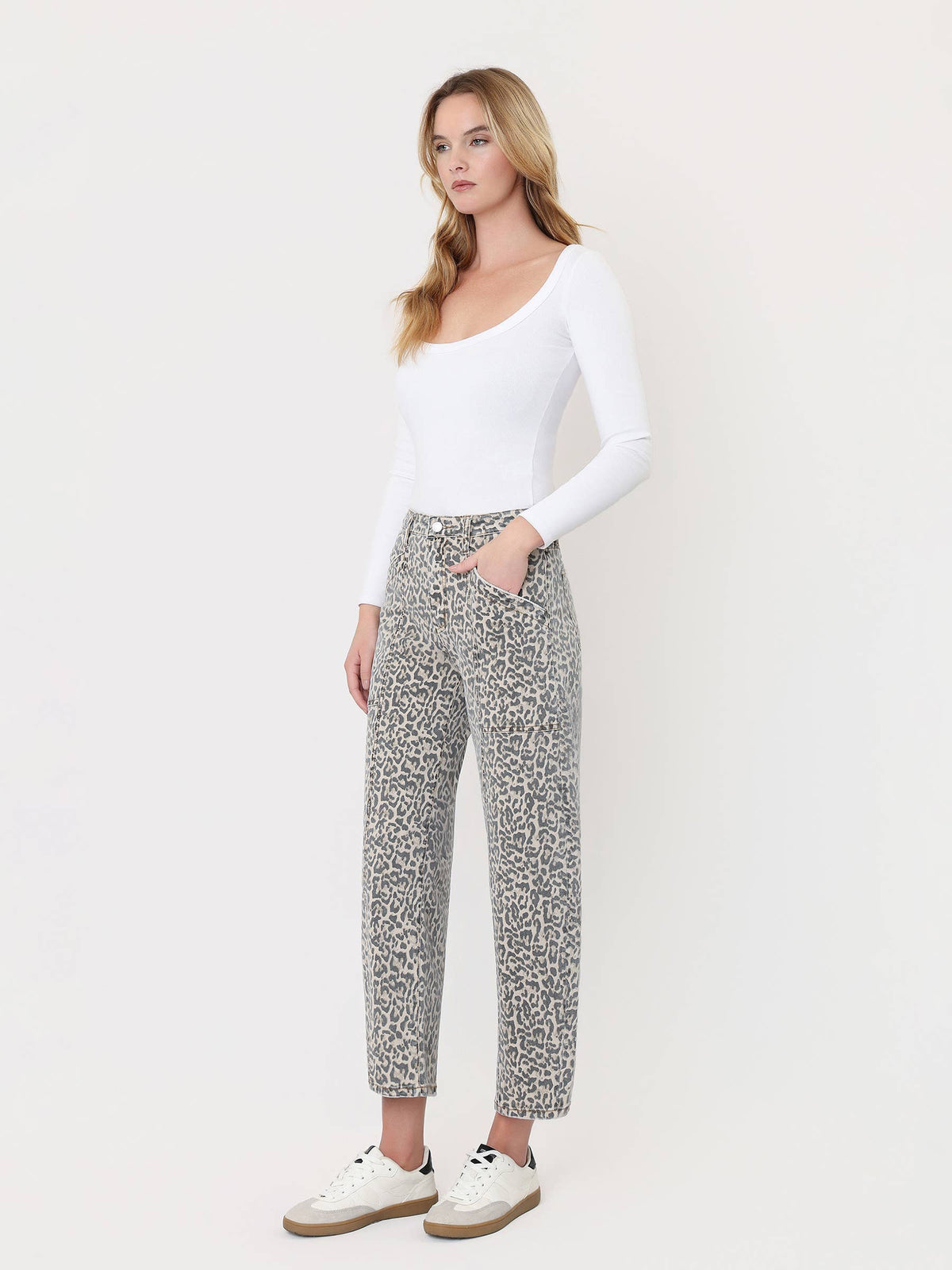 Vervet High Rise Leopard Print Utility Barrel Jeans