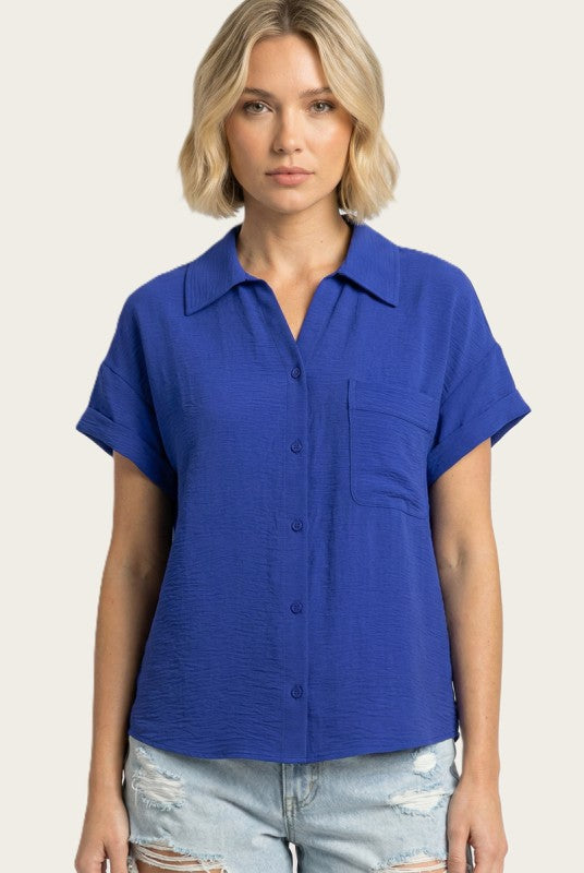 Cobalt Breeze Relaxed Button-Up Blouse