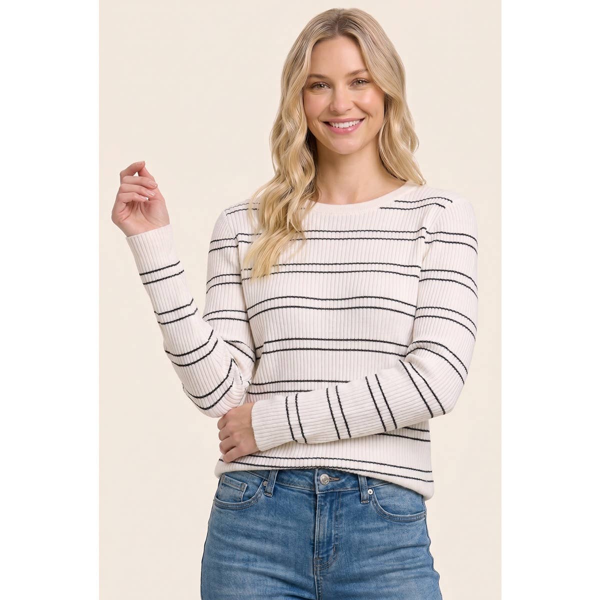 Ribbed Basic Striped Sweater in Ivory