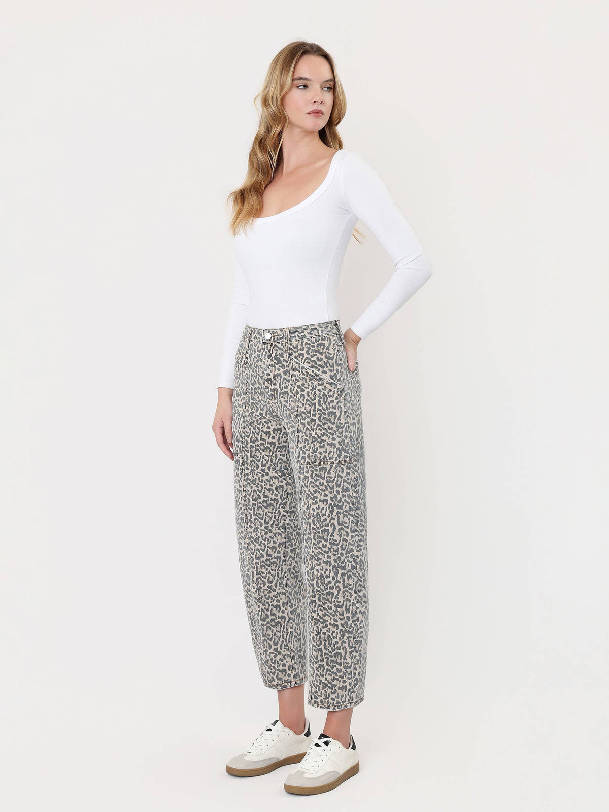 Vervet High Rise Leopard Print Utility Barrel Jeans