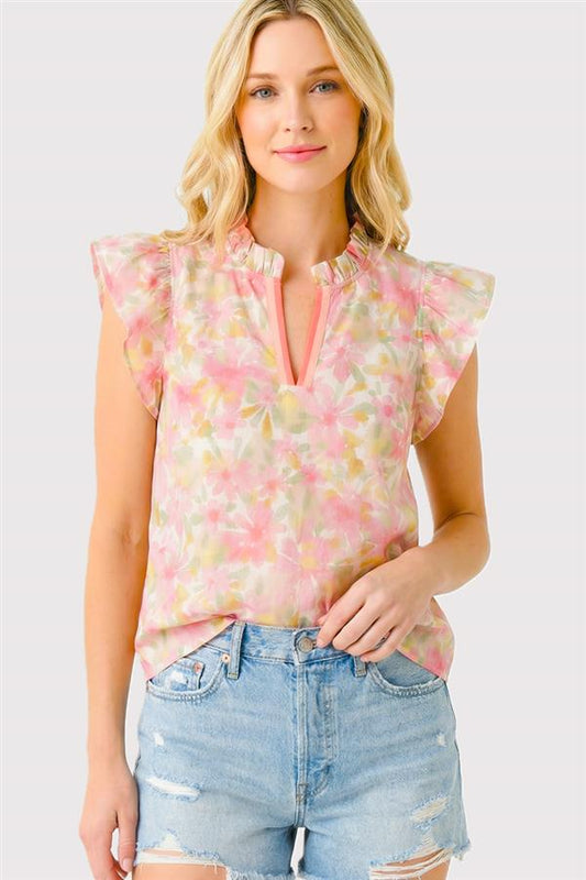 Coral Floral Frilled Split Neck Ruffle Sleeve Top