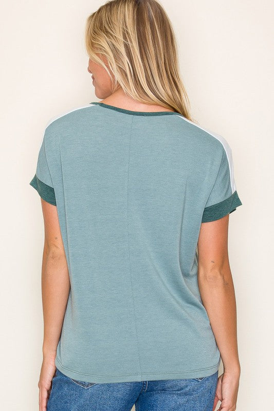 Sage Green Contrast Trim V-Neck Tee