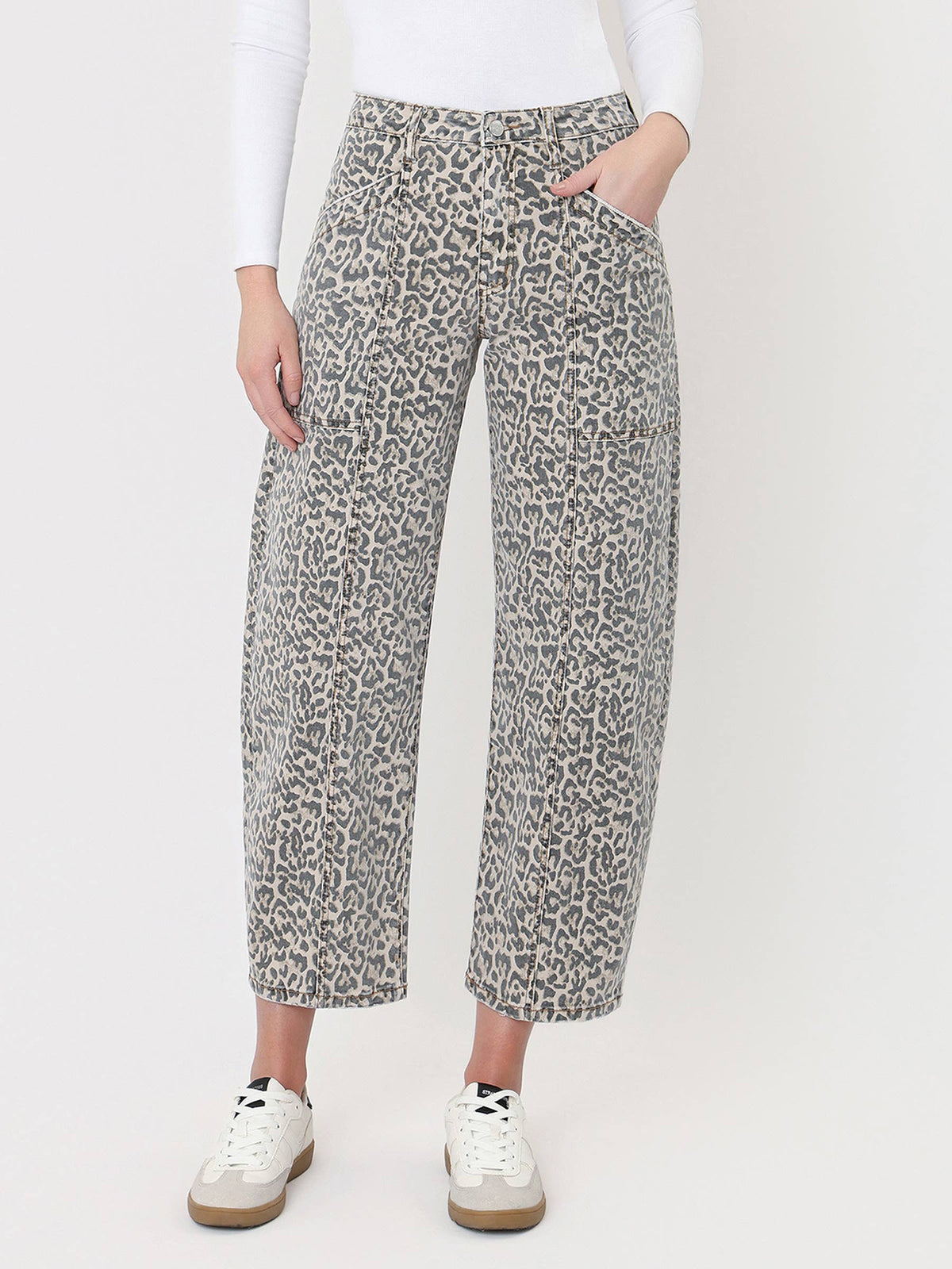 Vervet High Rise Leopard Print Utility Barrel Jeans