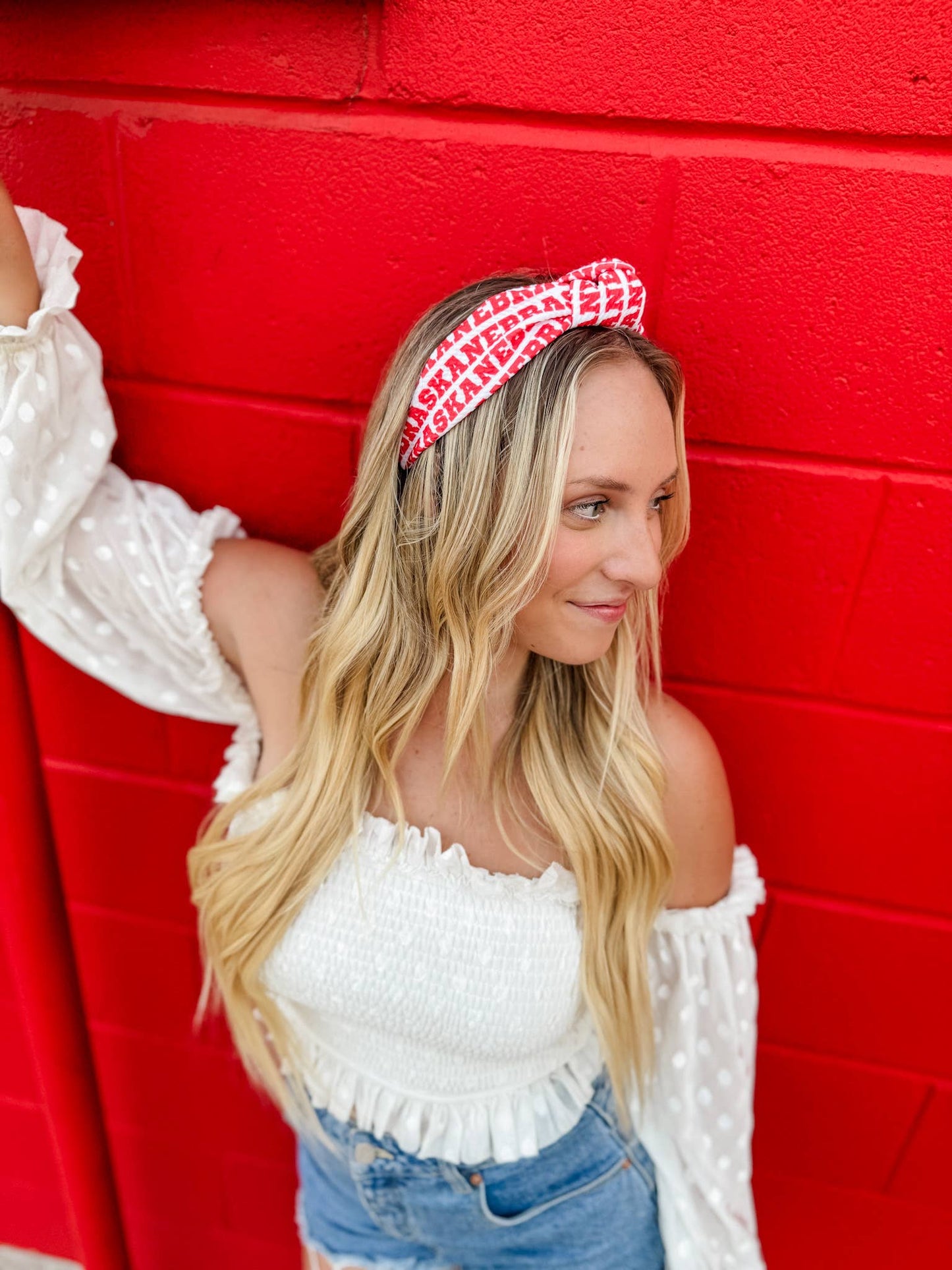 Red Nebraska Printed Structured Headband