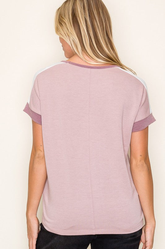 Mauve Contrast Trim V-Neck Tee