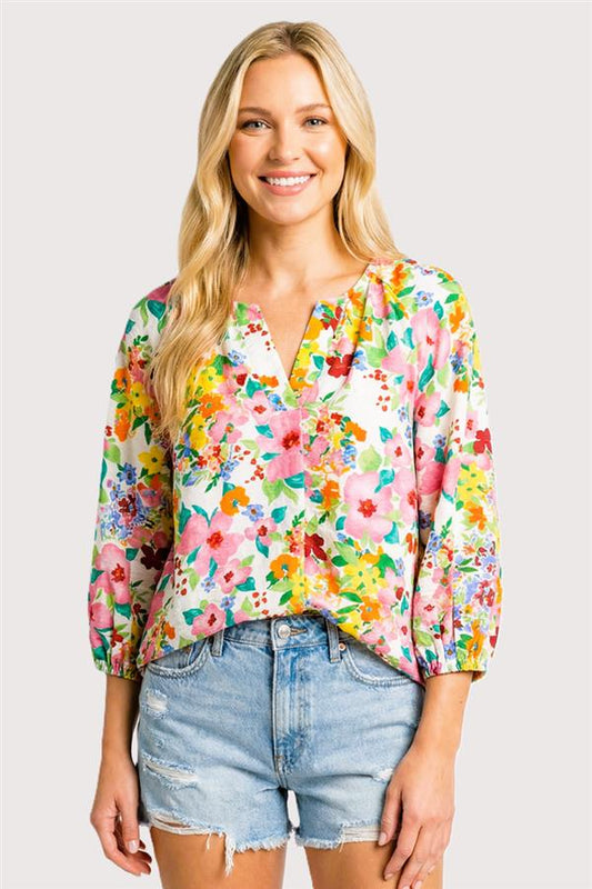 Ivory Floral Split Neck 3/4 Sleeve Top