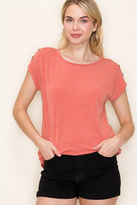 Light Rust Button Shoulder Tee – Soft & Stylish Everyday Essential