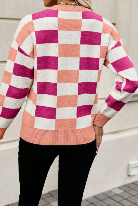 Bold Pink Checkered Knit Sweater