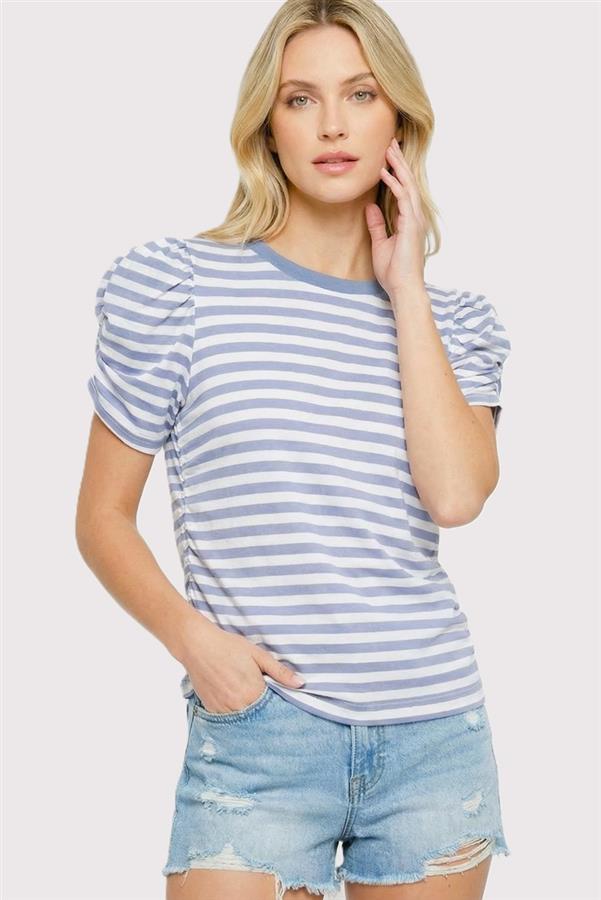 Slate Blue Striped Puff Sleeve Crew Neck Top