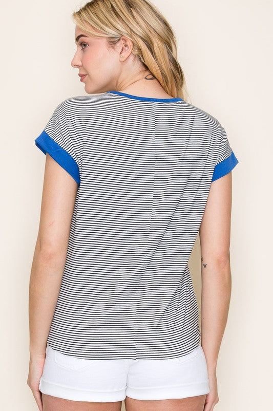 Blue Accent Trimmed Pinstriped Top