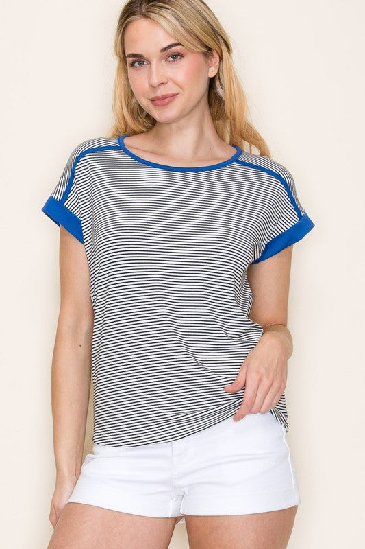 Blue Accent Trimmed Pinstriped Top