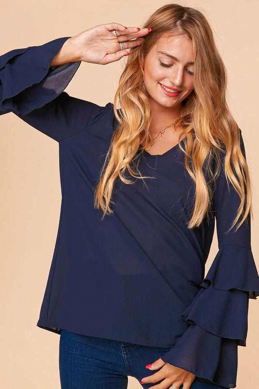 V Neck Tiered Ruffle Sleeves Blouse