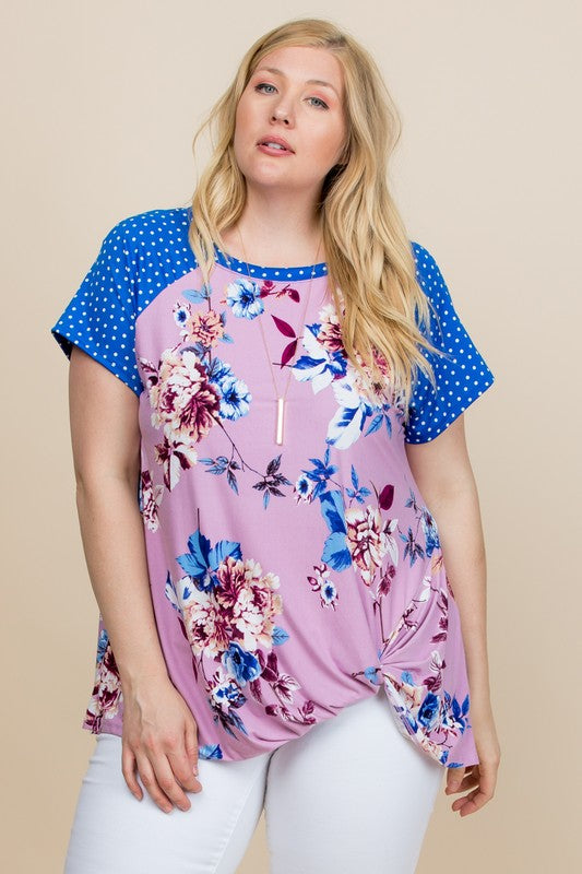Plus Size Floral Polka Dot Sleeve Casual Short Sleeve Top