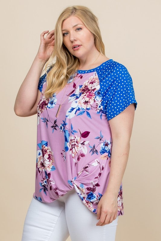 Plus Size Floral Polka Dot Sleeve Casual Short Sleeve Top