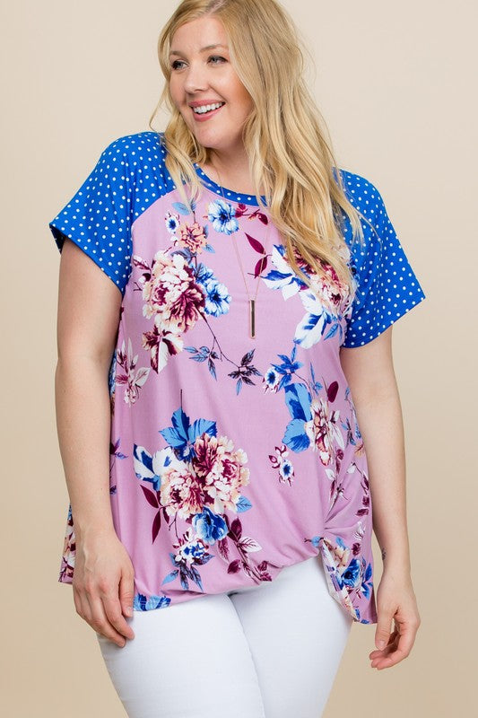 Plus Size Floral Polka Dot Sleeve Casual Short Sleeve Top