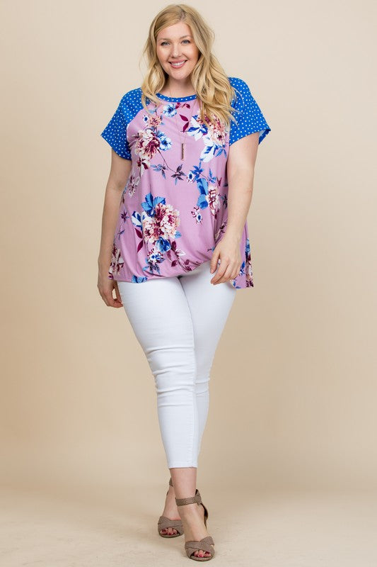 Plus Size Floral Polka Dot Sleeve Casual Short Sleeve Top