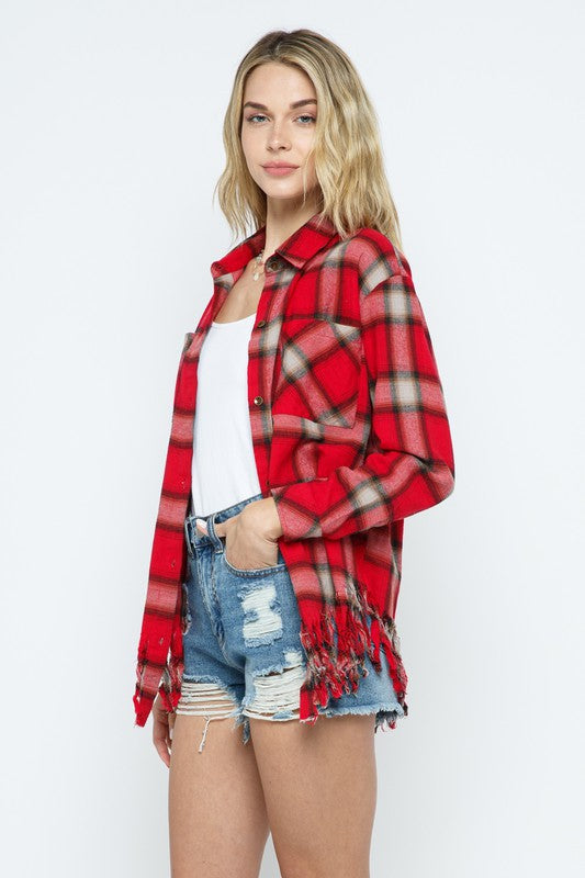Ripped Bottom Button Down Plaid Top