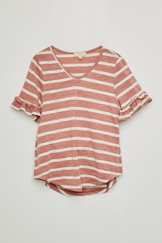 Girls Stripe V-Neck Ruffle Tee