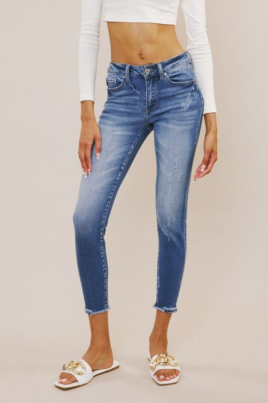 KanCan Mid Rise Fray Hem Ankle Skinny Jeans