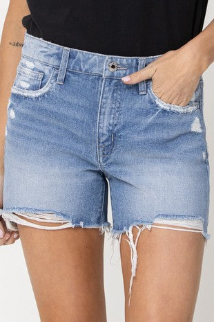 Vervet Mid Rise Distressed Hem Shorts