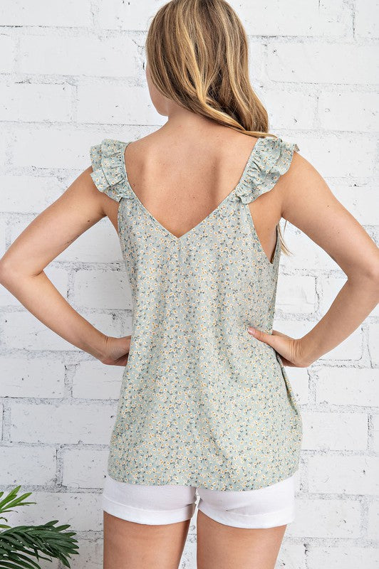 Daisy Print Ruffle Shoulder Top